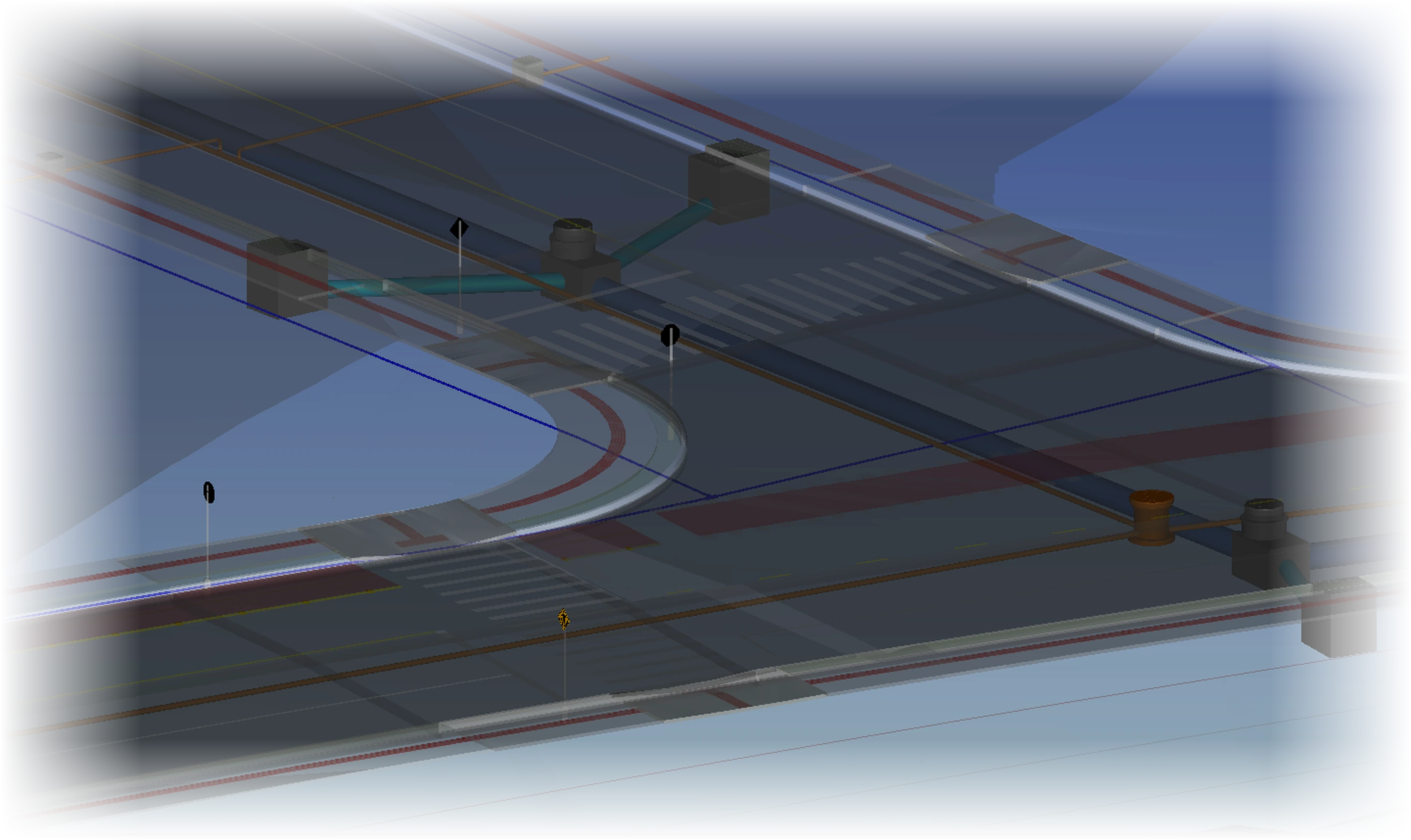 Modelo 3D com as redes de drenagem, esgoto e água, a sinalização e a via no mesmo projeto